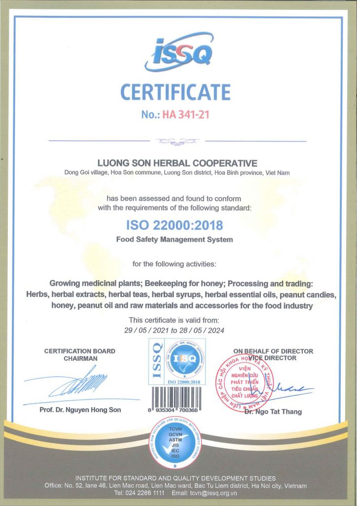 Chứng nhận đạt chuẩn ISO 22000:2018 của HTX Dược liệu Lương Sơn