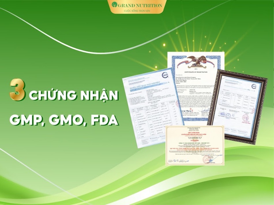 Các giấy chứng nhận của sản phẩm công ty Grand Nutrition