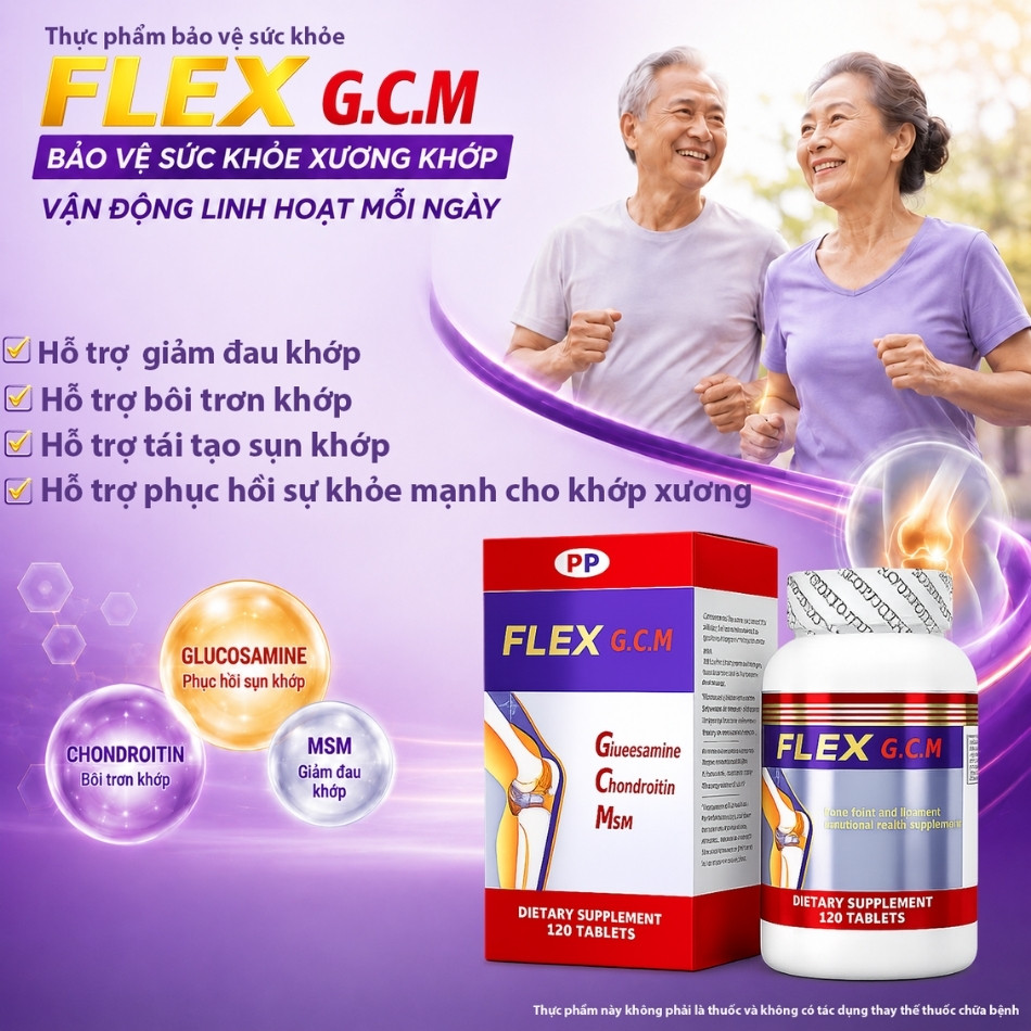 FLEX G.C.M hỗ trợ tái tạo dịch ổ khớp, làm tăng tính vận động linh hoạt của khớp, giúp giảm đau khớp do thoái hóa khớp.